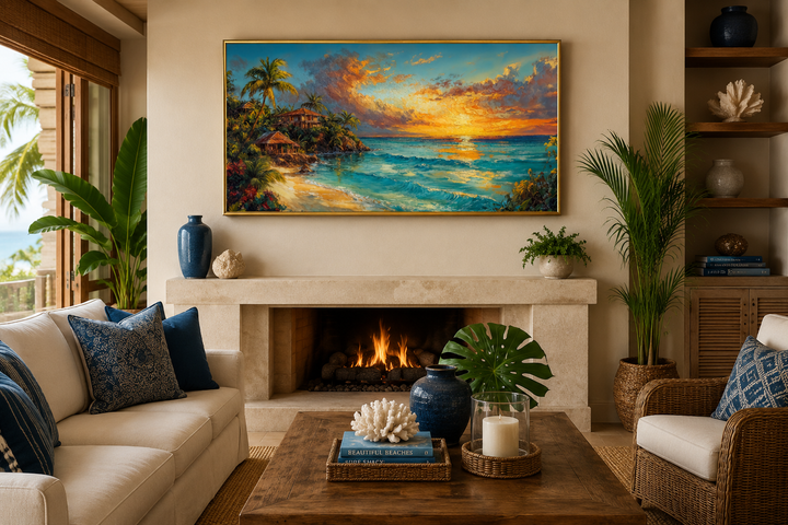 Jamaican Sunset Beach Framed Canvas Wall Art above a fireplace in a coastal living room.