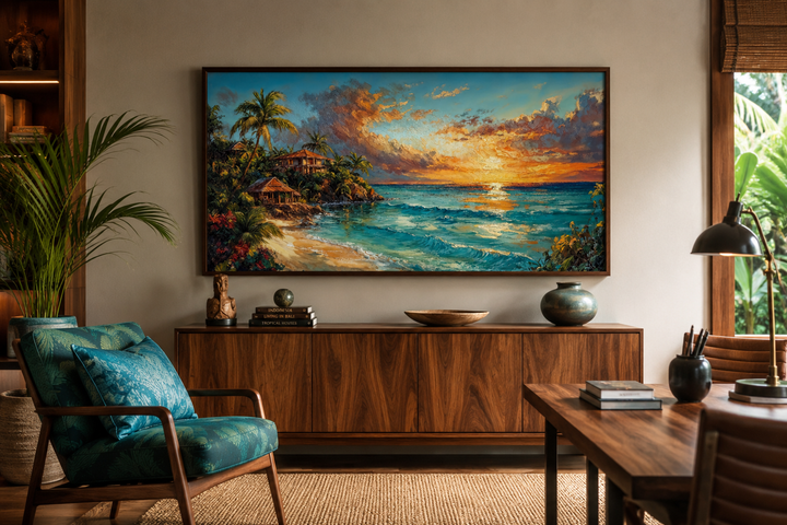 Jamaican Sunset Beach Framed Canvas Wall Art depicting a tropical coastline at dusk.