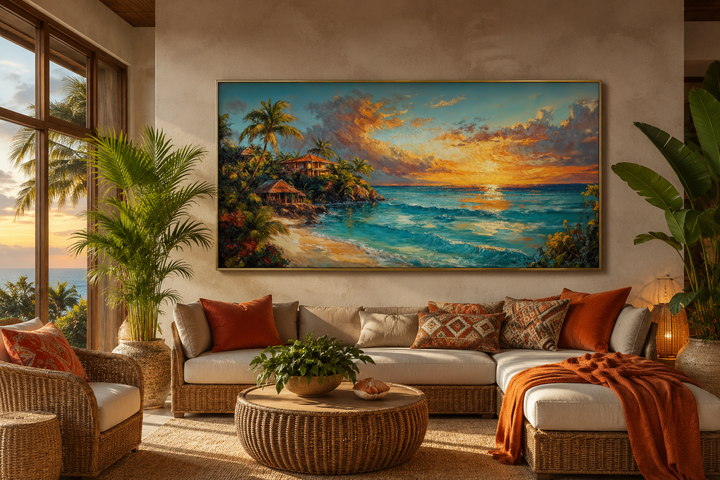 Jamaican sunset beach framed canvas wall art depicting a tropical coast at dusk above a sofa.