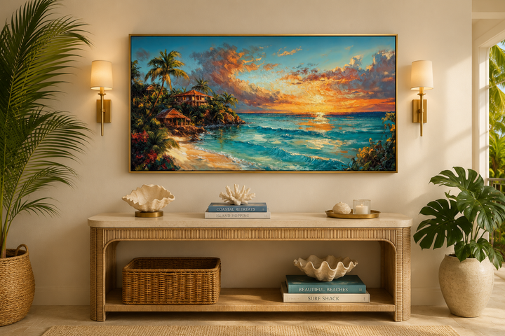 Jamaican Sunset Beach Framed Canvas Wall Art hanging above a console table in a coastal room.