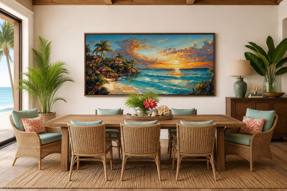 Jamaican Sunset Beach Framed Canvas Wall Art above a wooden dining table with wicker chairs.