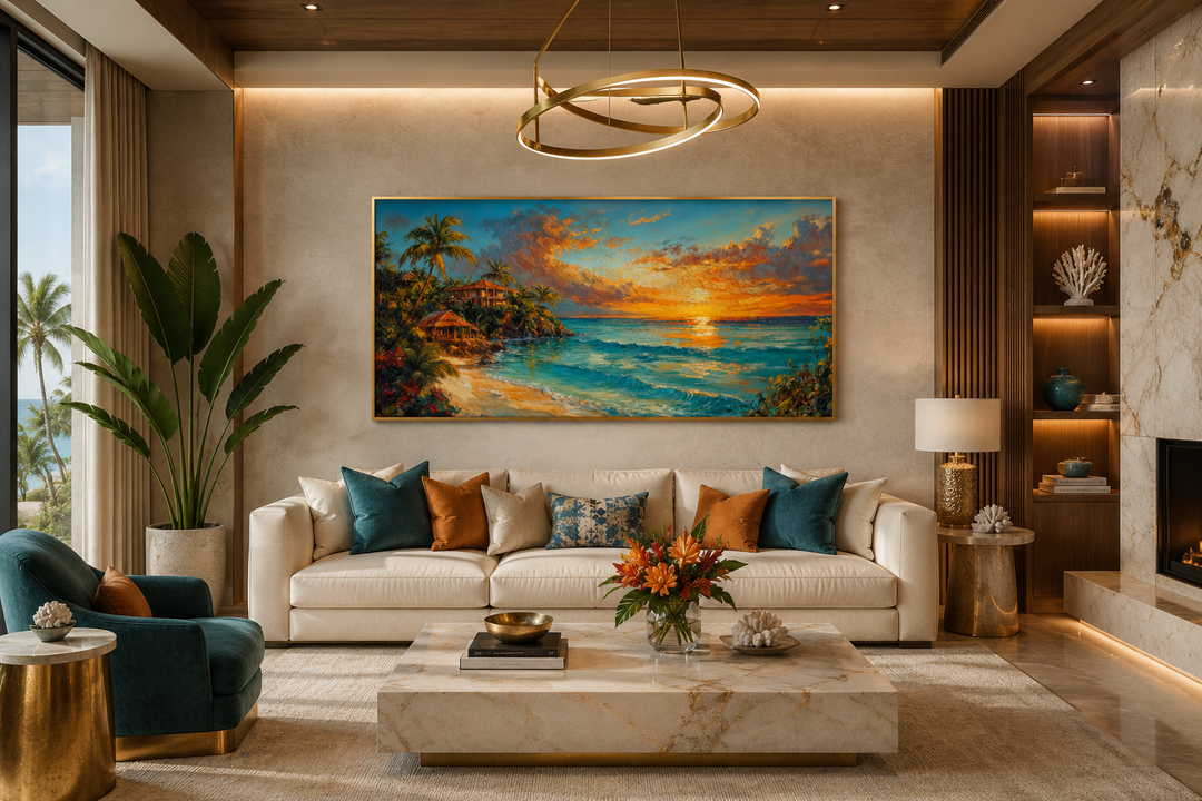Jamaican Sunset Beach Framed Canvas Wall Art hanging above a modern sofa in a living room.