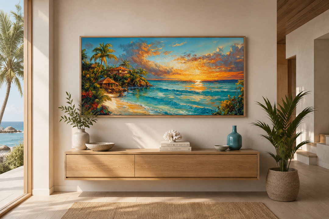 Jamaican Sunset Beach Framed Canvas Wall Art above a wooden console in a coastal-style room.