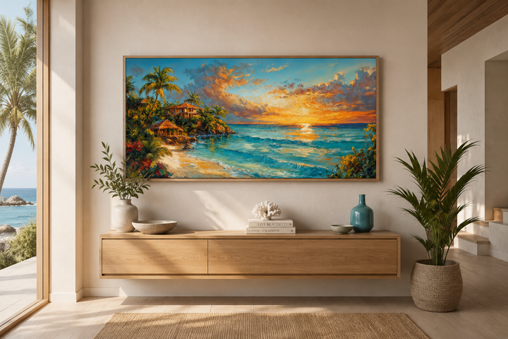 Jamaican Sunset Beach Framed Canvas Wall Art above a wooden console in a coastal-style room.