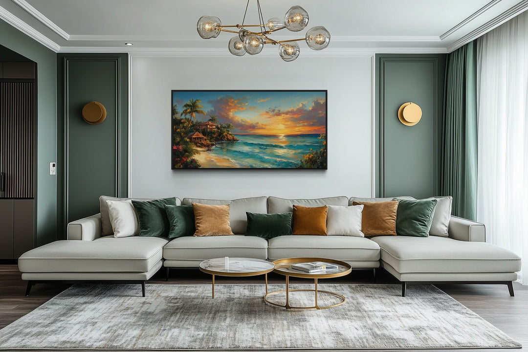 Jamaican Sunset Beach Framed Canvas Wall Art hanging above a modern sofa in a living room.