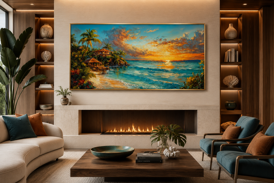 Jamaican Sunset Beach Framed Canvas Wall Art hanging above a modern fireplace in a living room.