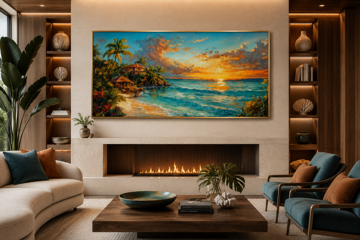 Jamaican Sunset Beach Framed Canvas Wall Art hanging above a modern fireplace in a living room.