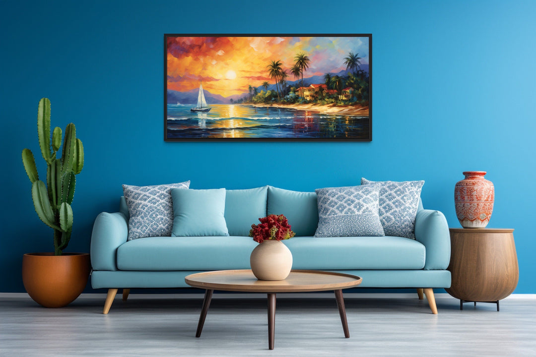 Jamaican Sunset Beach With Sailboat Framed Canvas Wall Art