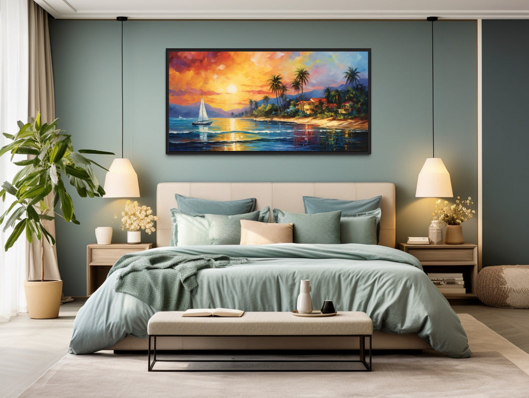 Jamaican Sunset Beach With Sailboat Framed Canvas Wall Art