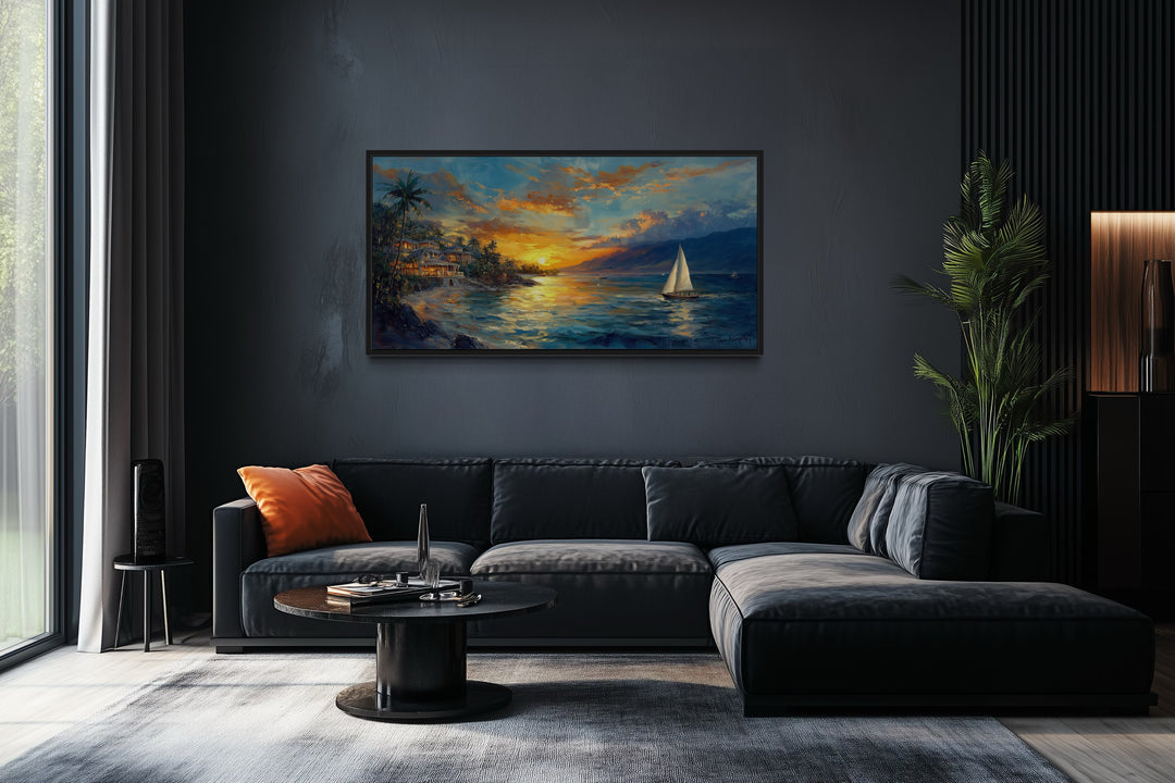 Jamaican Sunset Beach With Sailboat Framed Canvas Wall Art
