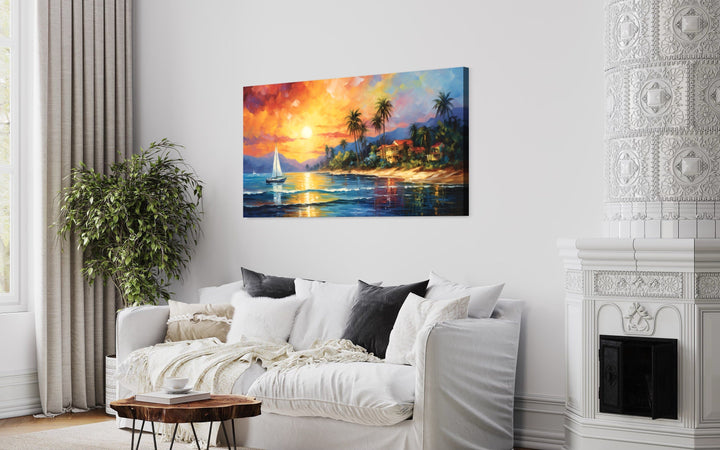 Jamaican Sunset Beach With Sailboat Framed Canvas Wall Art