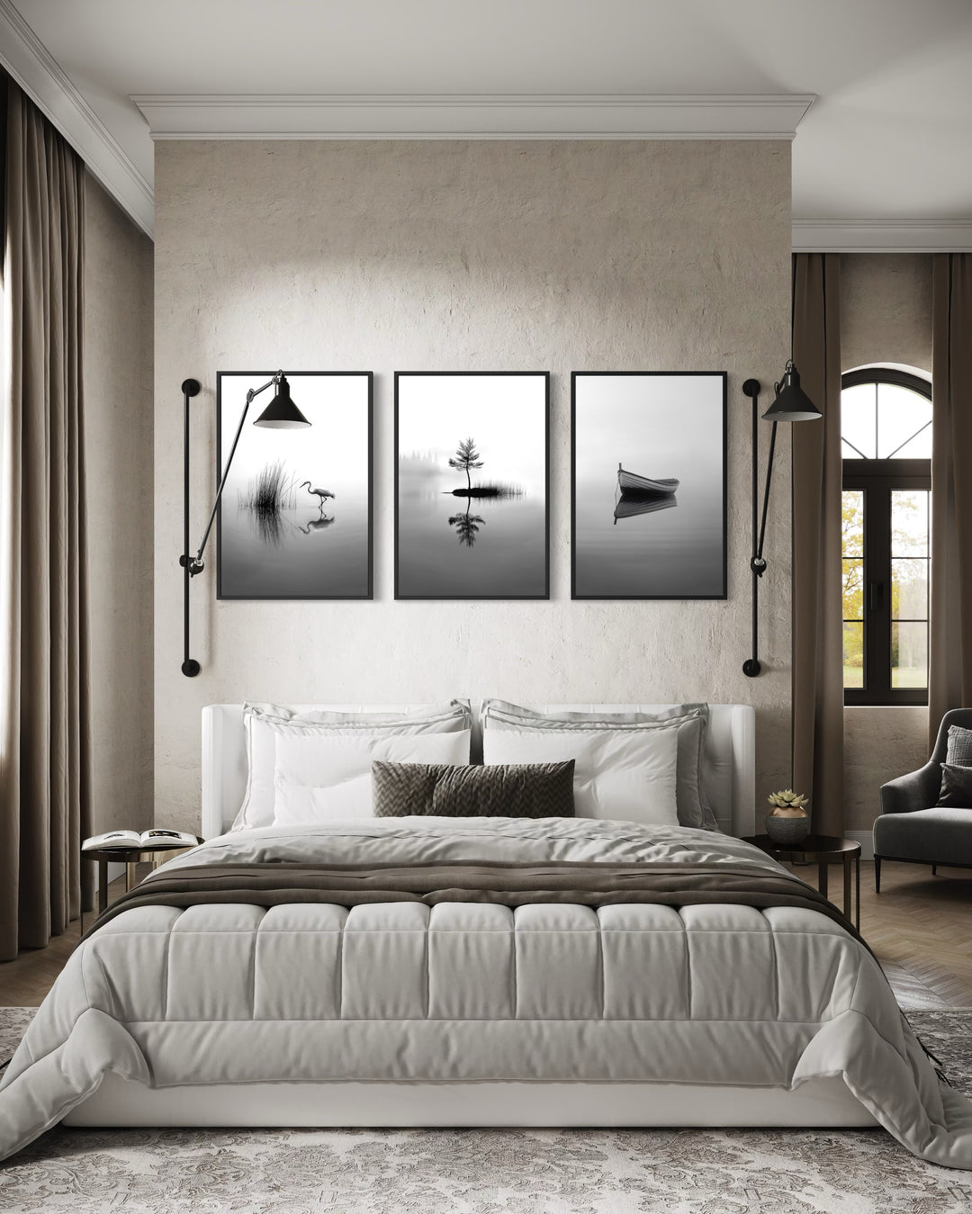 Japandi Wall Art, Set Of 3 Black White Foggy Lake, Japanese Crane, Boat And Maple Tree