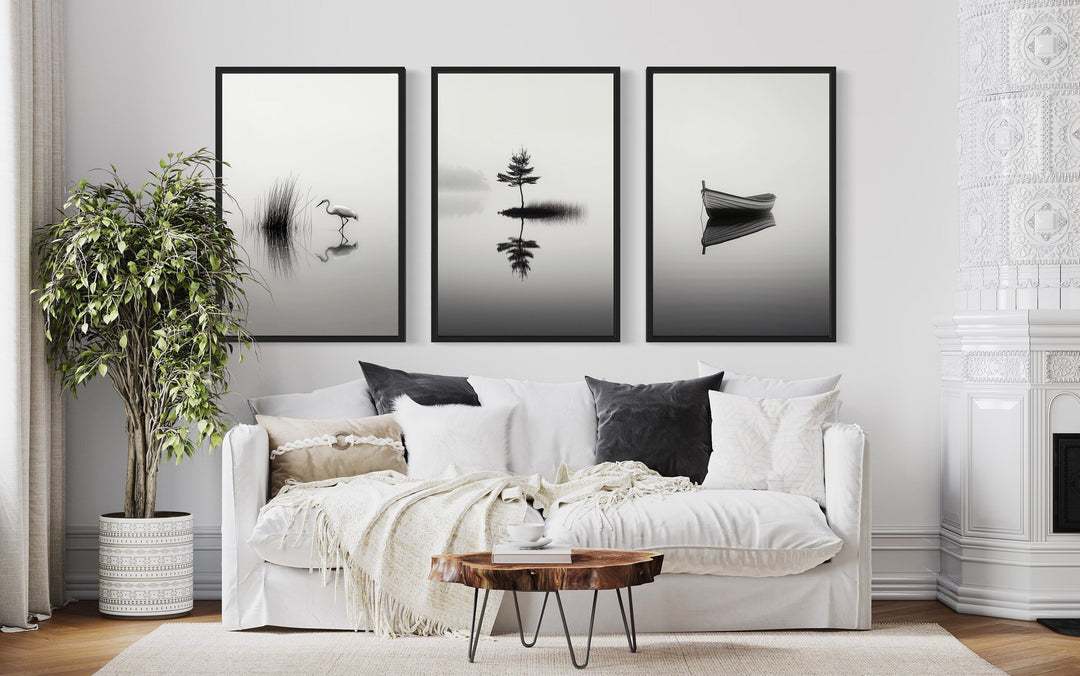 Japandi Wall Art, Set Of 3 Black White Foggy Lake, Japanese Crane, Boat And Maple Tree