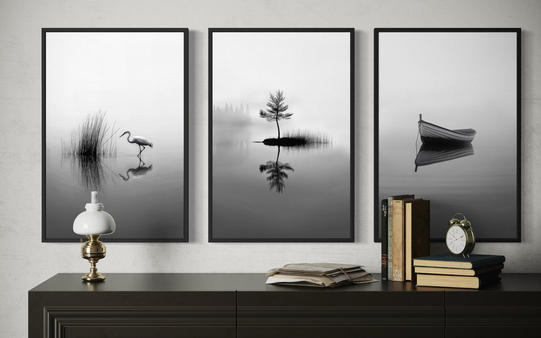 Japandi Wall Art, Set Of 3 Black White Foggy Lake, Japanese Crane, Boat And Maple Tree