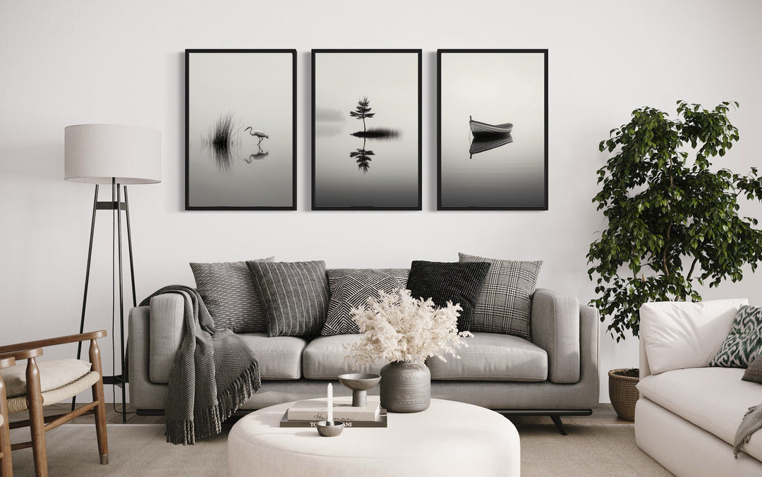 Japandi Wall Art, Set Of 3 Black White Foggy Lake, Japanese Crane, Boat And Maple Tree