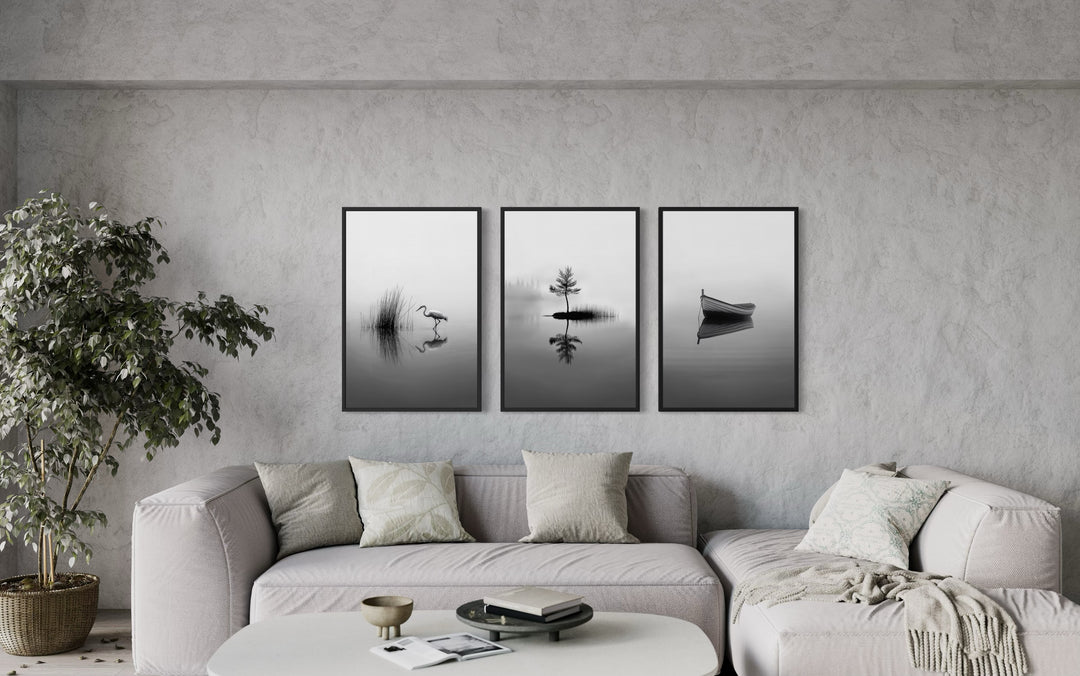 Japandi Wall Art, Set Of 3 Black White Foggy Lake, Japanese Crane, Boat And Maple Tree