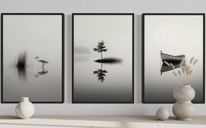 Japandi Wall Art, Set Of 3 Black White Foggy Lake, Japanese Crane, Boat And Maple Tree