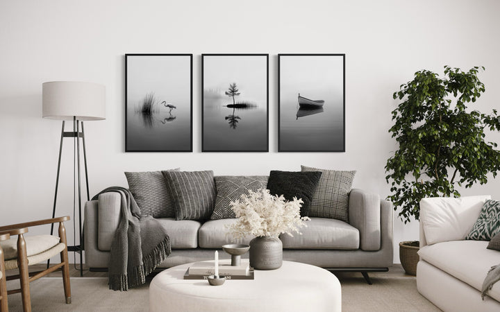 Japandi Wall Art, Set Of 3 Black White Foggy Lake, Japanese Crane, Boat And Maple Tree