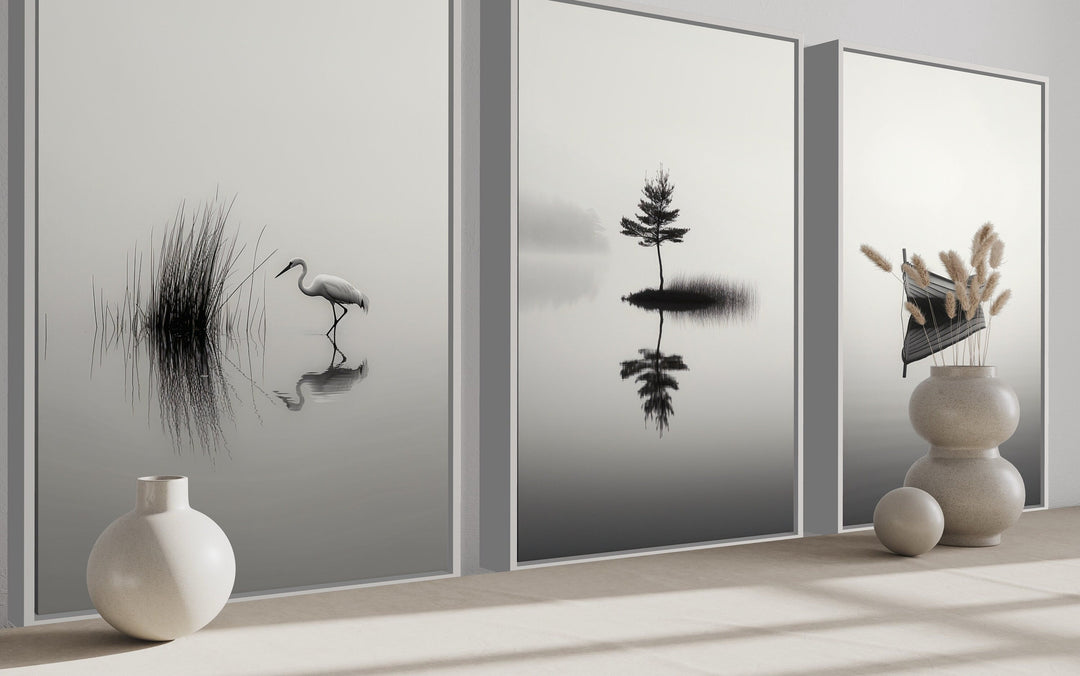 Japandi Wall Art, Set Of 3 Black White Foggy Lake, Japanese Crane, Boat And Maple Tree