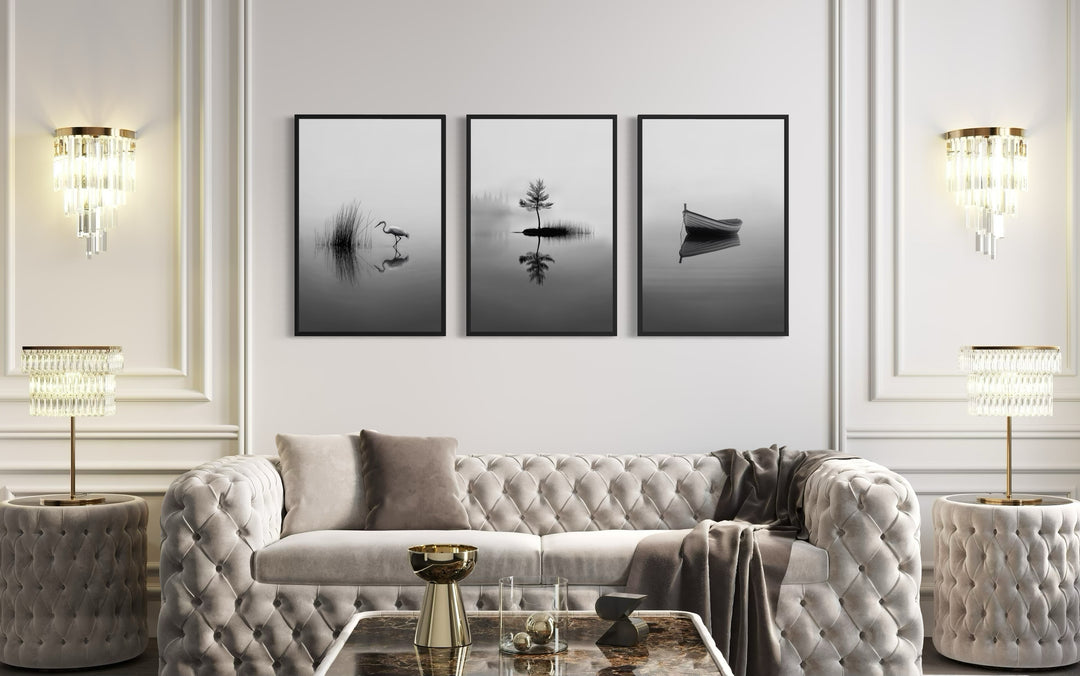 Japandi Wall Art, Set Of 3 Black White Foggy Lake, Japanese Crane, Boat And Maple Tree