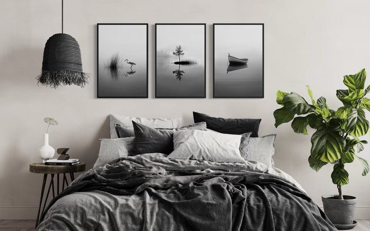 Japandi Wall Art, Set Of 3 Black White Foggy Lake, Japanese Crane, Boat And Maple Tree