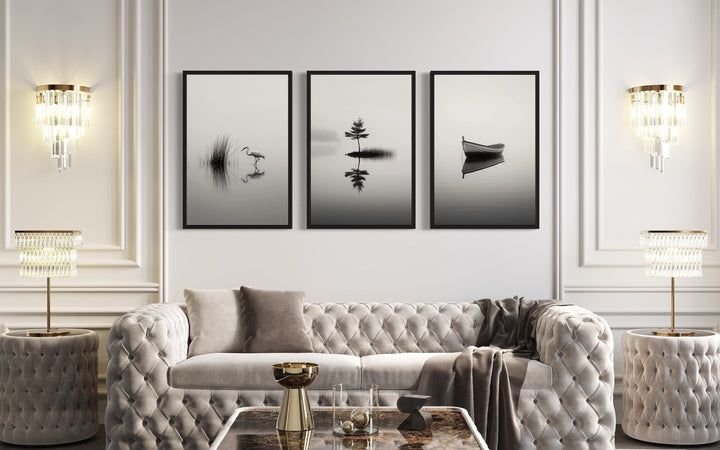 Japandi Wall Art, Set Of 3 Black White Foggy Lake, Japanese Crane, Boat And Maple Tree