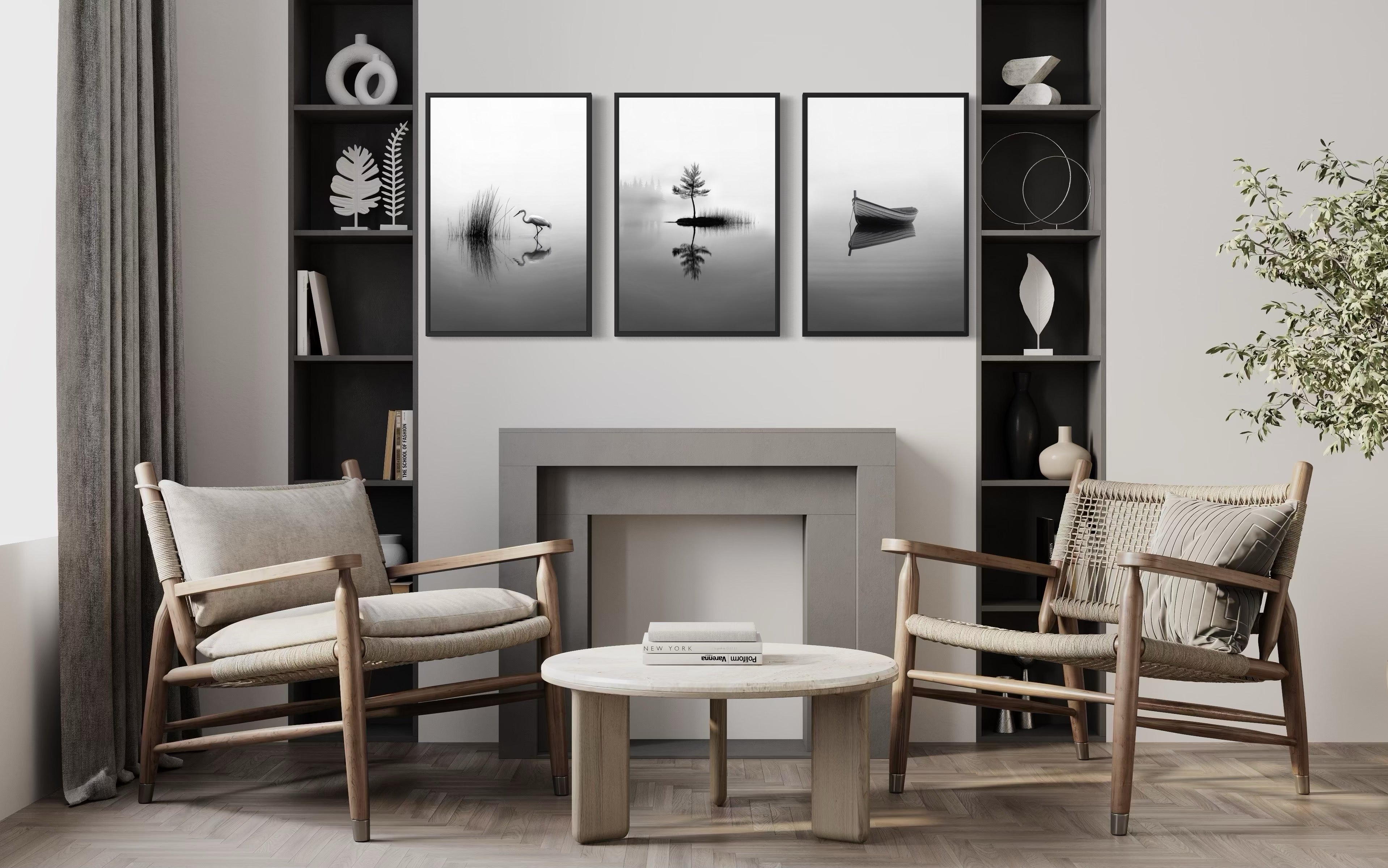 【3点セット】ウッド アートフレーム 北欧 ジャパンディ ホテルライク Japandi Wall Art: 3pc Black & White Foggy Lake Set – Wall Decor