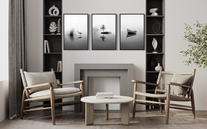 Japandi Wall Art, Set Of 3 Black White Foggy Lake, Japanese Crane, Boat And Maple Tree