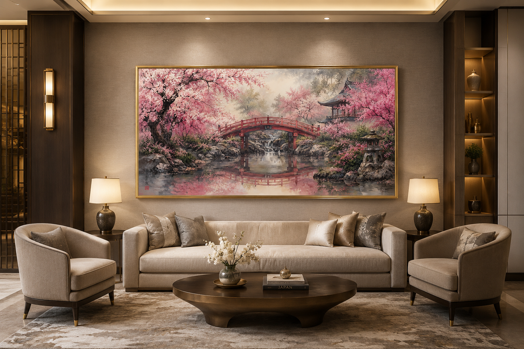 Japanese cherry blossom garden framed canvas wall art above a sofa in a modern living room.