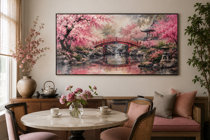 Japanese cherry blossom garden framed canvas wall art featuring a red bridge and pagoda.