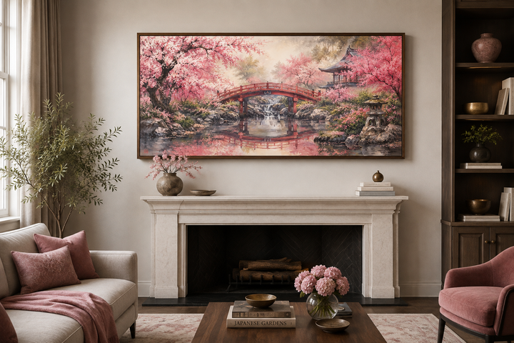 Japanese cherry blossom garden framed canvas wall art above a fireplace in a living room.