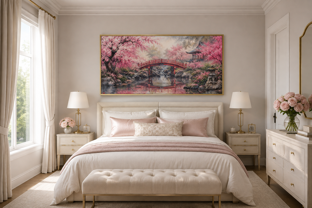 Framed horizontal canvas art of a Japanese cherry blossom garden with a red bridge over a bedroom.