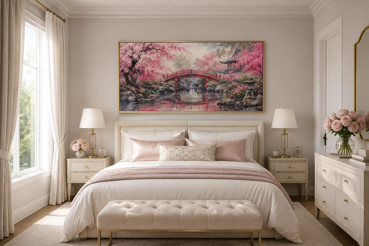 Framed horizontal canvas art of a Japanese cherry blossom garden with a red bridge over a bedroom.