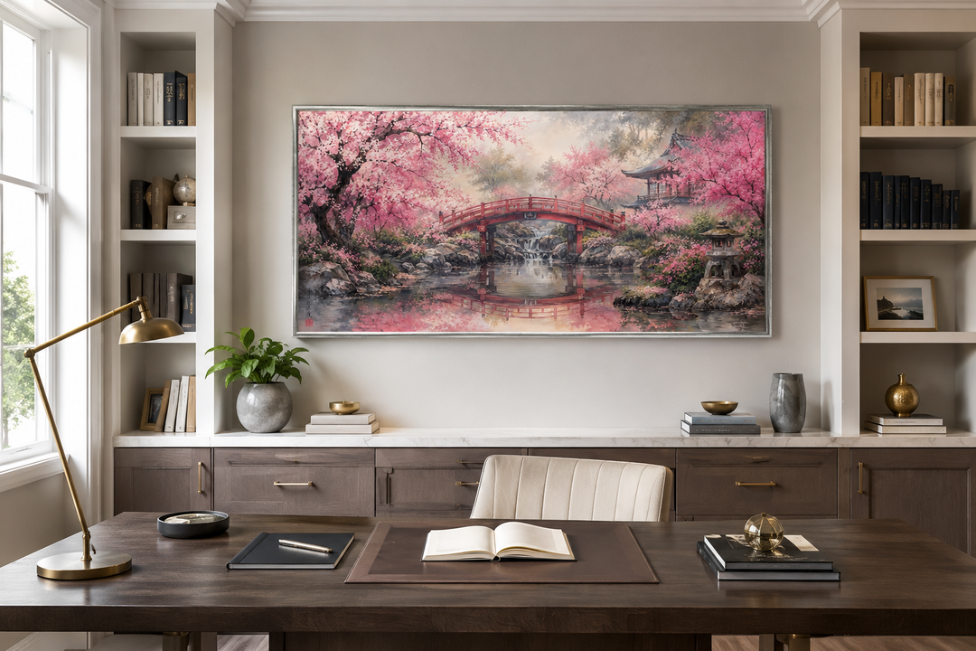Japanese cherry blossom garden framed canvas wall art featuring a red bridge over a serene pond.
