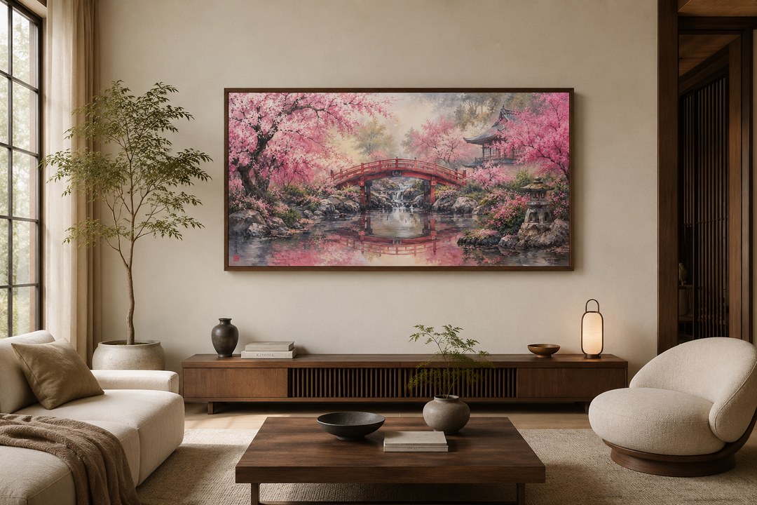 Framed horizontal canvas art of a Japanese Sakura garden with a red bridge over a reflecting pond.
