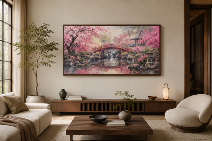 Framed horizontal canvas art of a Japanese Sakura garden with a red bridge over a reflecting pond.