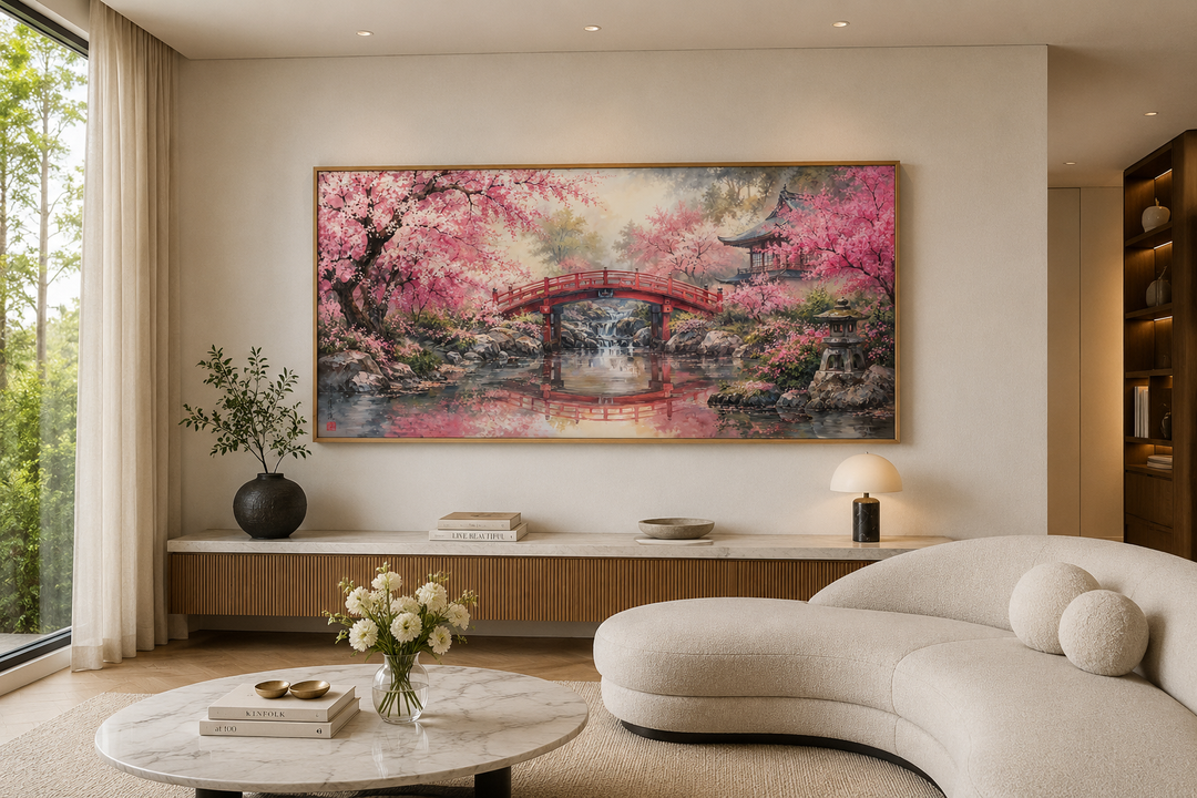 Japanese cherry blossom garden framed canvas wall art featuring a red bridge and pagoda over water.