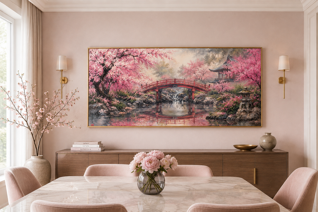 Japanese cherry blossom garden framed canvas wall art with a red bridge over a peaceful pond.