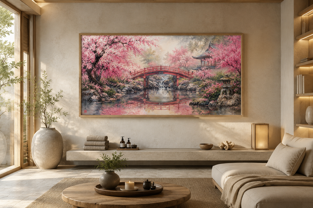 Japanese cherry blossom garden framed canvas wall art with a red bridge over a reflective pond.