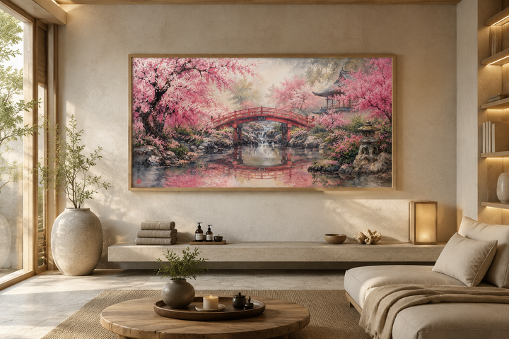 Japanese cherry blossom garden framed canvas wall art with a red bridge over a reflective pond.