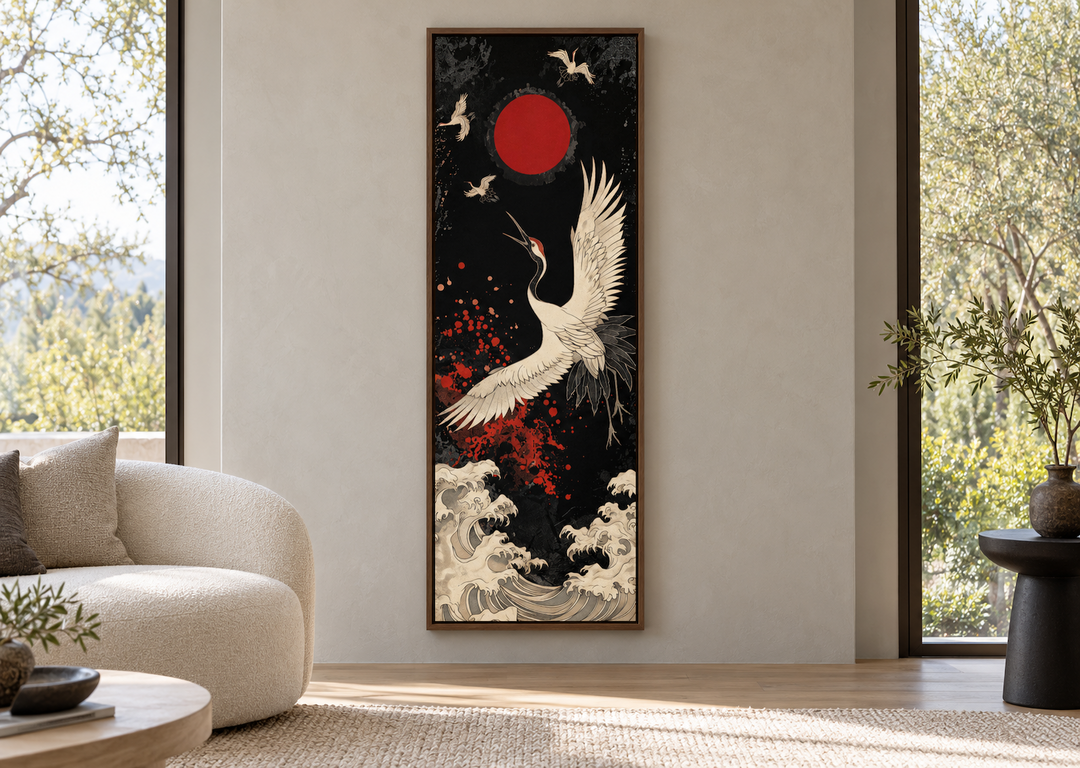 Tall narrow Japanese crane wall art with red sun and waves in a modern living room.