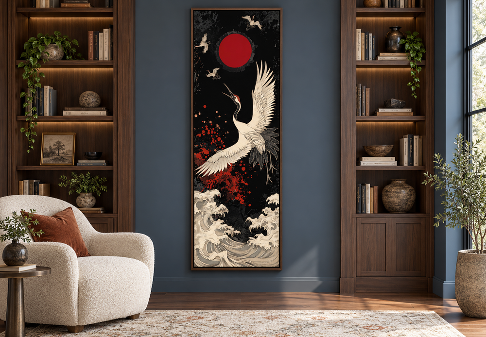 Tall narrow Japanese crane canvas wall art with red sun and waves in a dark blue reading room.