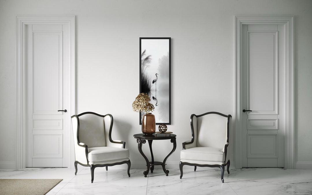 Black and white Japanese crane canvas print with a vertical narrow orientation.