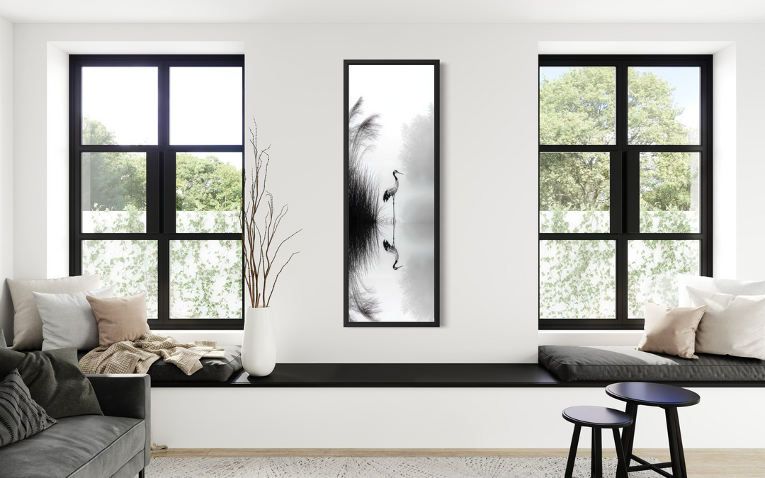 Black and white vertical canvas print of a Japanese crane.