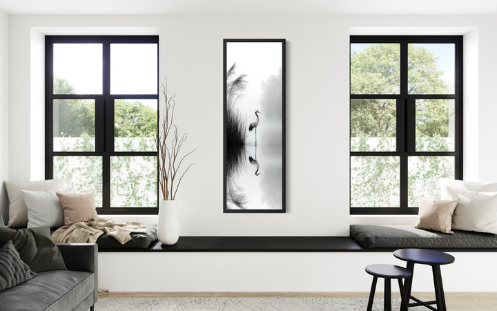 Black and white vertical canvas print of a Japanese crane.