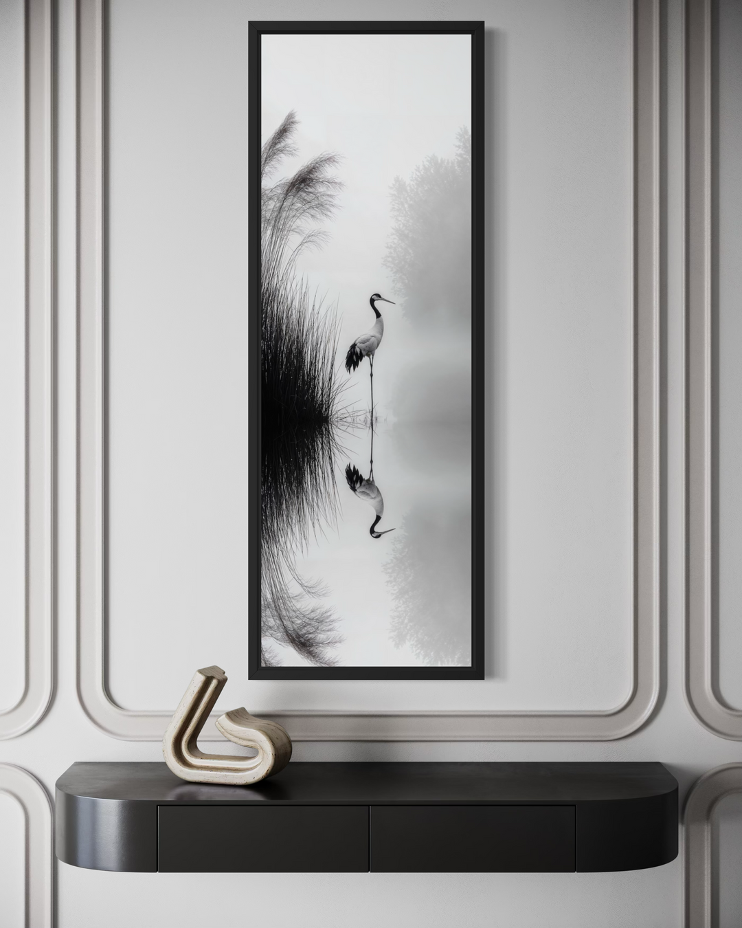 Black and white vertical canvas print of a Japanese crane.
