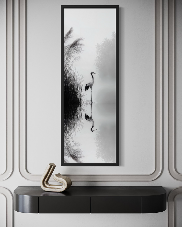 Black and white vertical canvas print of a Japanese crane.