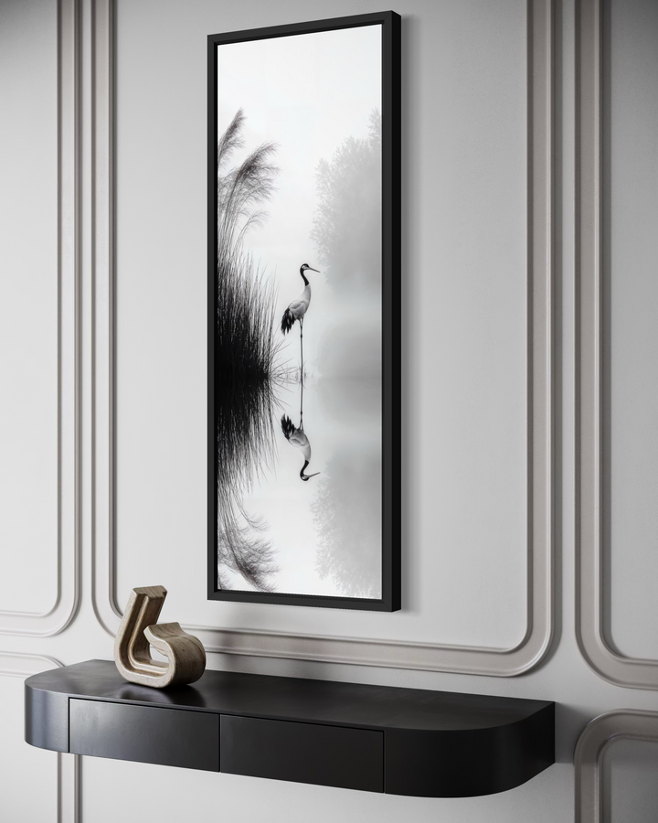 Vertical black and white canvas print of a Japanese crane.