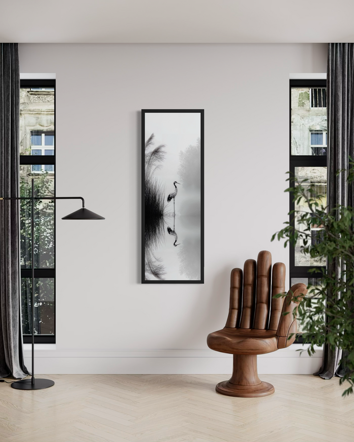 Vertical black and white canvas print of a Japanese crane.