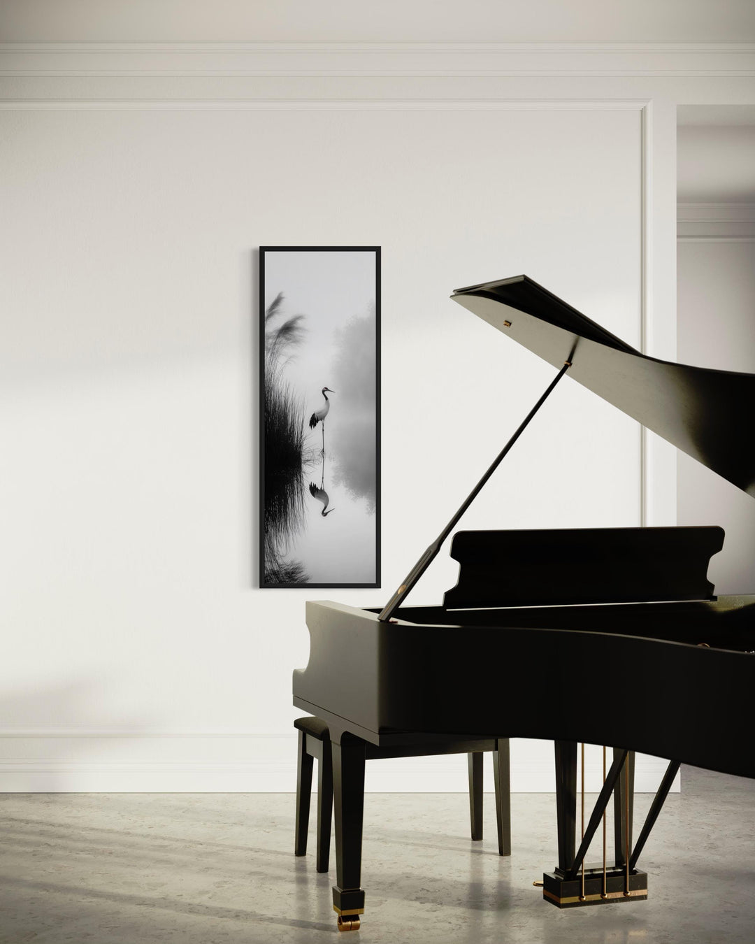Vertical narrow canvas print of a Japanese crane in black and white zen decor beside a grand piano.